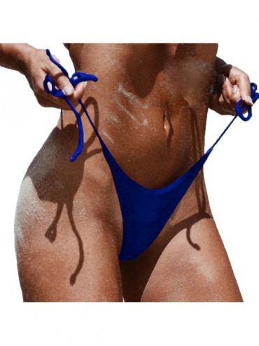 Bottoms OTHERS Women's Brazilian Black Tie Sides T Back Bikini Thong Swimsuit Swimwear Bottom - Blue - CK182LOG426 $22.41