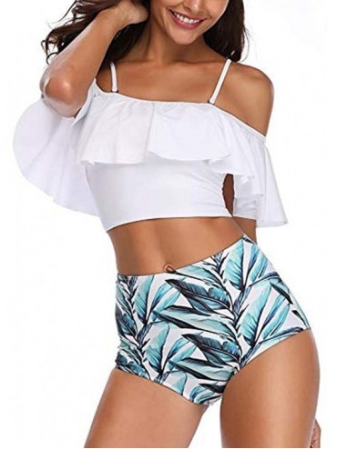 One-Pieces Women Two Pieces Print Bathing Swimwear Top Ruffled with High Waisted Bottom Bikini Set - White - CO18Q6TO04T $16.70