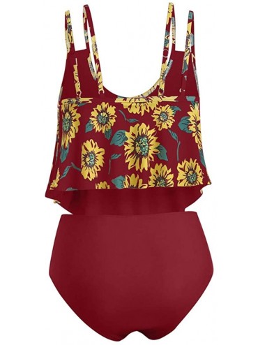Sets Women Ruffled High Waisted Tankini Set Solid Strap Tank Tops Swimwear Sunflower Buttom 2PC Bathing Suit 11 wine Red - CM...
