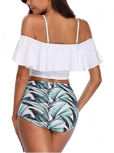 One-Pieces Women Two Pieces Print Bathing Swimwear Top Ruffled with High Waisted Bottom Bikini Set - White - CO18Q6TO04T $16.70