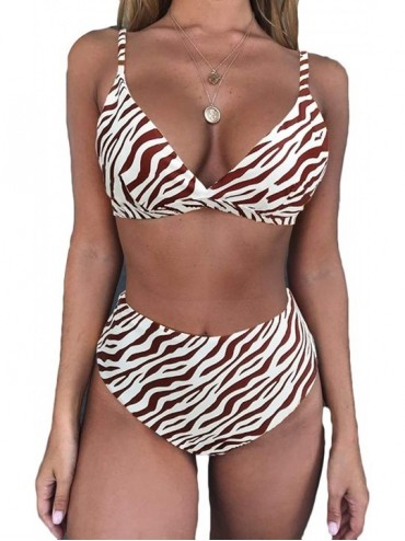 Sets Womens Sexy V Neck High Waist Triangle Cut Two Piece Bikini Sets Swimsuit - Zebra - CZ18M4O6RYW $15.13