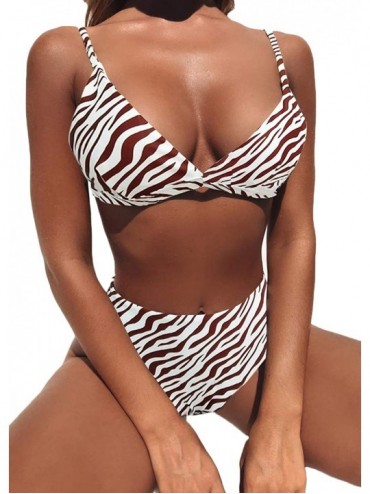 Sets Womens Sexy V Neck High Waist Triangle Cut Two Piece Bikini Sets Swimsuit - Zebra - CZ18M4O6RYW $15.13
