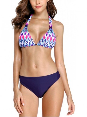 Sets Women Front Tie Bikini Swimsuit Two Piece Padded Swimwear Bathing Suits - Navy Wave Stripe - C418LC6KQI7 $34.65