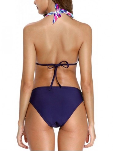 Sets Women Front Tie Bikini Swimsuit Two Piece Padded Swimwear Bathing Suits - Navy Wave Stripe - C418LC6KQI7 $19.20
