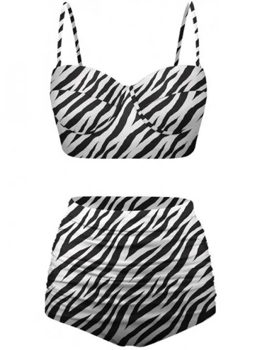 Bottoms Women's Retro Summer Bright Floral Print Funny Swimsuits High Waisted Bikini Set - Black+white - CX196SOQD34 $66.38