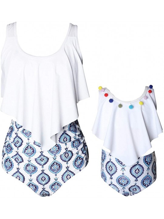 Sets Family Matching Swimwear Palm Leaves Printed Ruffle Tassel Bikini Tankini Set Mommy and Daughter Swimsuit White ruffle -...