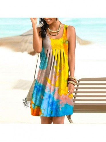 Cover-Ups Women's Tie Dye Sleeveless Pleated Loose Casual T-Shirt Dress Summer Beach Cover up Swing Tank Dress - Yellow - CC1...