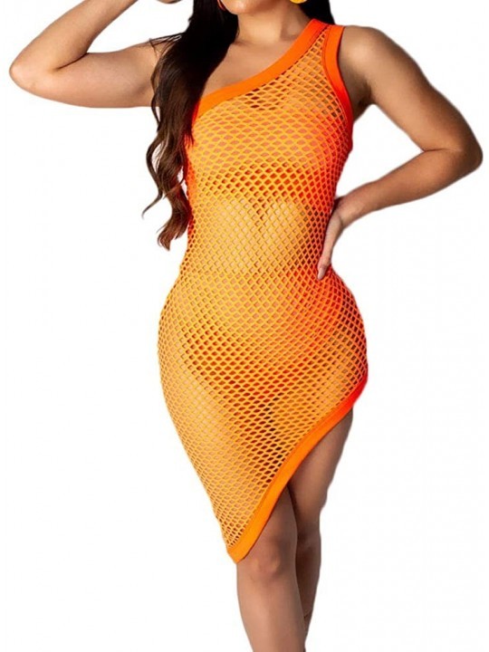 Cover-Ups Women One Shoulder See Through Beach Cover Up Dress Fishnet Bodycon Mini Dresses Clubwear - Orange - CH18S6S7XW3 $1...