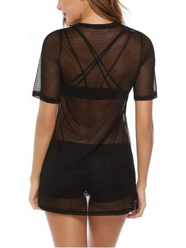 Cover-Ups See Through Beach Dress for Women Bikini Cover Ups Short Sleeve T-Shirt Dress - Black Strips - C419046STQK $19.86