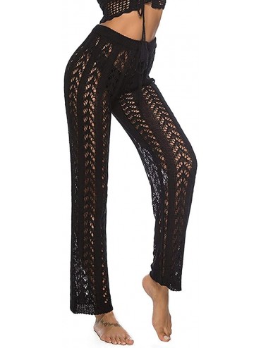 Cover-Ups Womens Cover Up Pants Hollow Out Crochet High Waist Mesh Beach Bikini Swimsuits Pants - Black2 - C818TRKCGCA $34.23