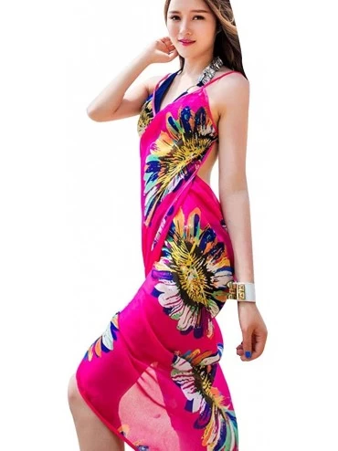 Cover-Ups Casual Beach Dress Sunflower Print Chiffon Wrap Bikini Cover Up Tunic Dresses - Rose Red - CG18T8TONY8 $16.01