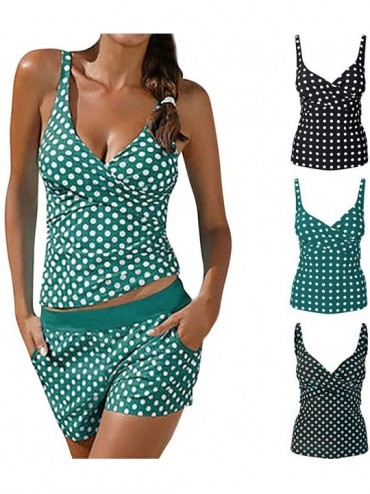 Bottoms Women Swimsuits Set Female Dot Print Split V-Neck Push Up Swimwear Beachwear Tankini Tops Boyshort Set - Green - C819...
