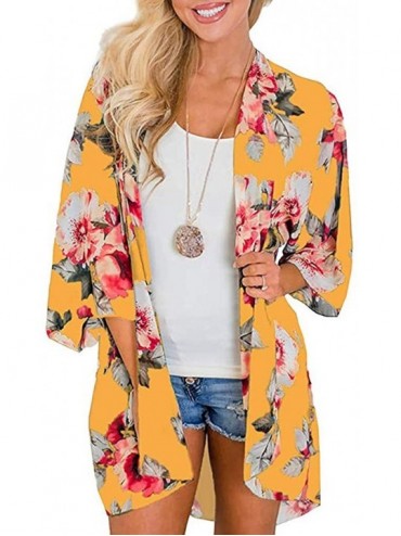 Cover-Ups Women Floral Kimono Cardigan Chiffon Casual Loose Open Front Cover Up Tops - Yellow - CP1965L6ZTA $13.98
