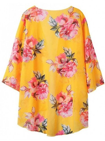 Cover-Ups Women Floral Kimono Cardigan Chiffon Casual Loose Open Front Cover Up Tops - Yellow - CP1965L6ZTA $13.98