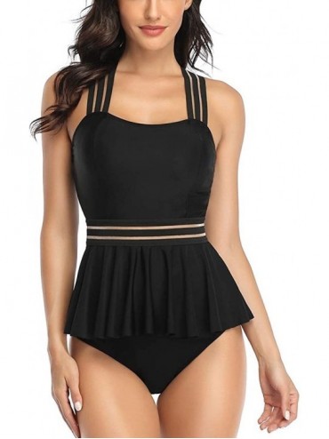 One-Pieces Womens Bathing Suits Tummy Control Two Piece Mesh Tankini Swimsuits Ruffled Swimwear - Black-03 - CZ18QHWQ55Q $57.29