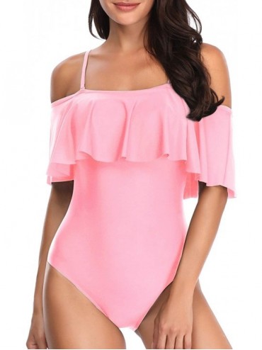 One-Pieces Women's One Piece Swimsuit Vintage Off Shoulder Ruffled Bathing Suits - S-pink - C418SRXWE6Q $48.49