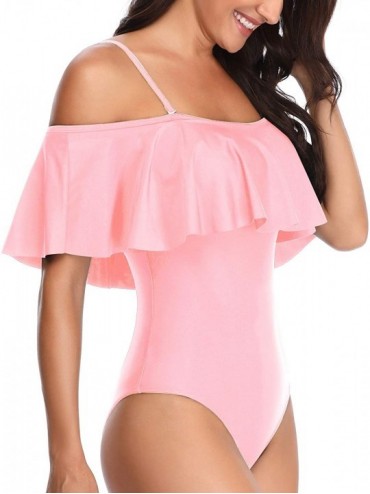 One-Pieces Women's One Piece Swimsuit Vintage Off Shoulder Ruffled Bathing Suits - S-pink - C418SRXWE6Q $23.59