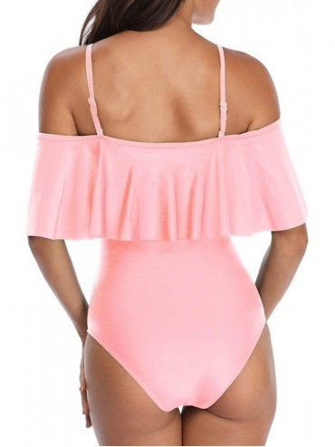 One-Pieces Women's One Piece Swimsuit Vintage Off Shoulder Ruffled Bathing Suits - S-pink - C418SRXWE6Q $23.59