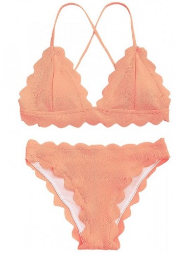 Sets Women's Classic Flounced Scalloped Wave Edge Trim Push-up Padded Vintage Bikini Bathing Suit Swimsuit Set - Pink - CC18R...