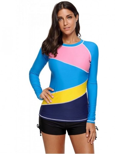 Rash Guards Women's Long Sleeve Rash Guard Shirts UV Protection Printed Swimwear Swimsuits Athletic Tops - Colored Blocks - C...
