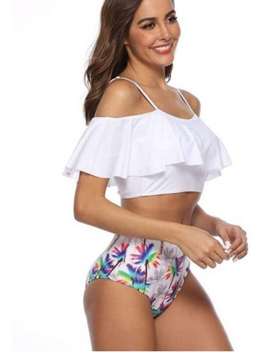 Sets Swimsuit for Women Two Piece Off Shoulder Ruffled Flounce Crop Bikini Top with High Waisted Bottom Tankini Set White - C...