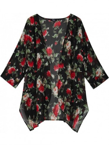Cover-Ups Women's Floral Print Short Sleeve Irregular Hem Kimono Sheer Chiffon Loose Cardigan - Floral Black - C119COQ3NGY $8.26