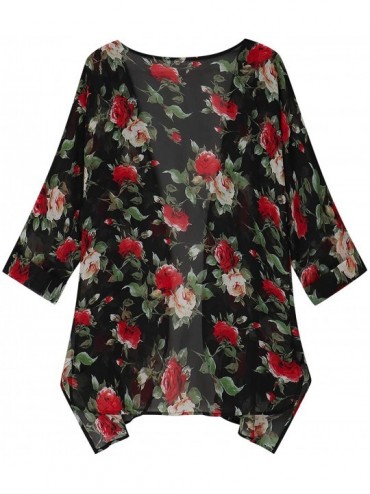 Cover-Ups Women's Floral Print Short Sleeve Irregular Hem Kimono Sheer Chiffon Loose Cardigan - Floral Black - C119COQ3NGY $8.26