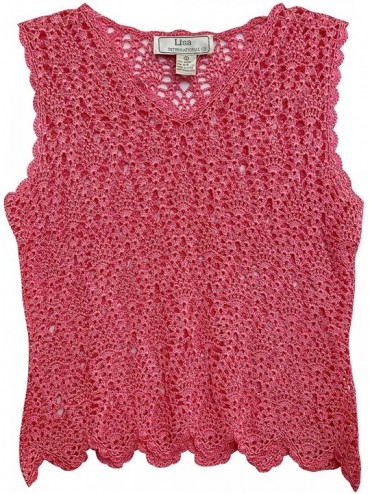 Cover-Ups Women's V-Neck Sleeveless Crochet Bikini Cover Up Top Scallop Trim - Pink - CO19DWU3E05 $39.48