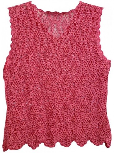 Cover-Ups Women's V-Neck Sleeveless Crochet Bikini Cover Up Top Scallop Trim - Pink - CO19DWU3E05 $20.00