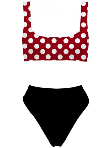 Sets Two Pieces Bikini Sets Sports Crop Top High Waisted High Cut Cheeky Swimsuit Burgundy Polka Dot With Black Bottom - CF18...