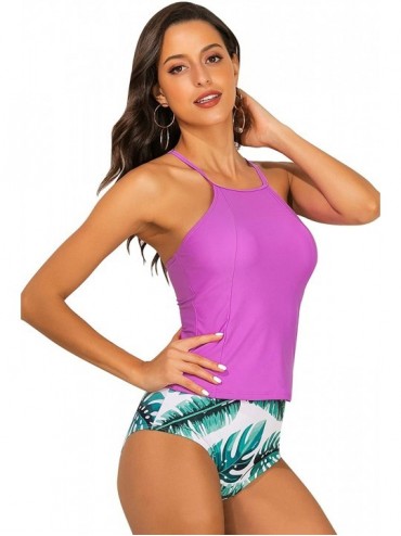 Sets Women Two Piece Swimsuit Halter Neck Tankini Crop Top High Waisted Bikini Sets Bathing Suit Swimwear - Purple - CZ18UU37...