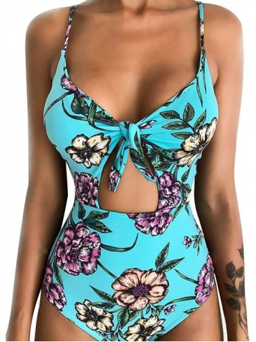One-Pieces Swimsuits for Women One Piece Bathing Suits High Waisted Swimsuit Womens Cutout Swimwear - Blue Floral - CG19444ED...