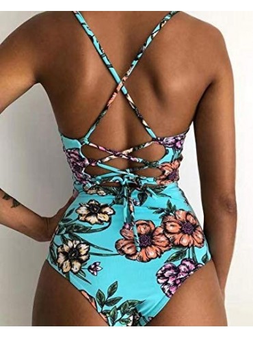 One-Pieces Swimsuits for Women One Piece Bathing Suits High Waisted Swimsuit Womens Cutout Swimwear - Blue Floral - CG19444ED...