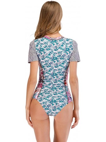 Rash Guards Womens Rashguard Swimsuit Zip Front Print Short Sleeve One Piece Swimwear - 6 Pink - CK190EQTDCX $27.01