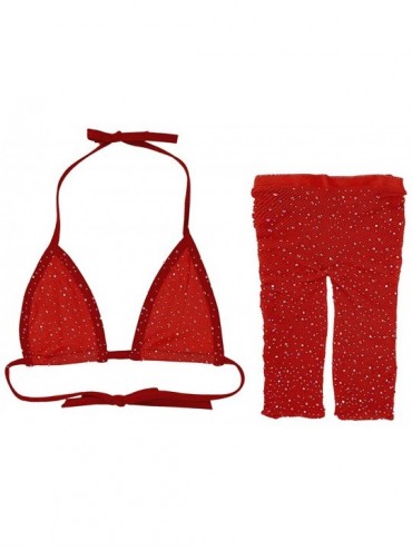 Sets Women Sparkle Glitter Two Piece Mesh Fishnet Bikini Swimsuit Halter Bra Top Shorts Pants Set - Red - CH18TTTQ8R8 $17.54