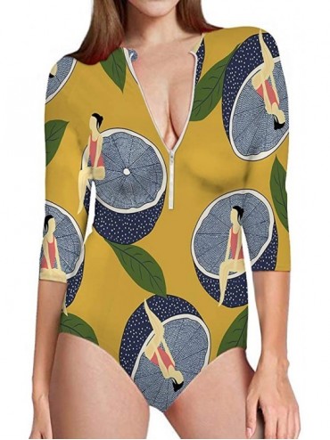 Rash Guards Lemons Women's One Piece Swimsuits Long Sleeve UV Protection Surfing Rash Guard Zip Bathing Suit Swimwear - CX18T...
