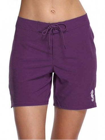 Board Shorts Women Board Shorts Long Active Swim Shorts Tummy Control High Waist - Purple Split - C5199XE7W8T $45.83