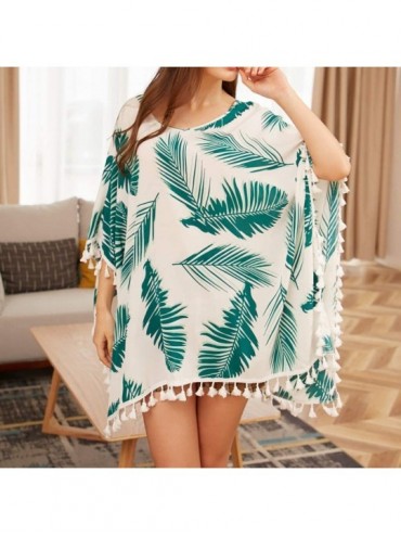 Cover-Ups Womens Kaftan Cover Up Plus Size Tropical Palm Print Loose Midi Dress Tassel Hem Flowing Bathing Suit Cover Ups 201...
