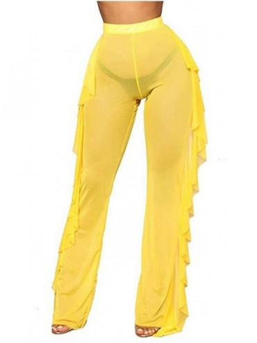 Cover-Ups Women Sexy Perspective Mesh Sheer Swim Shorts Pants Bikini Bottom Cover up Ruffle Clubwear Pants - Yellow - CH18TY7...