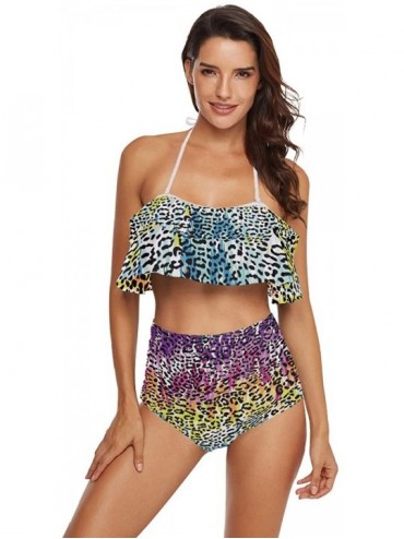 Sets Women Flounce High Waisted Bikini Set Halter Neck Two Piece Swimsuit Leopard Print - Colorful Leopard South Carolina - C...