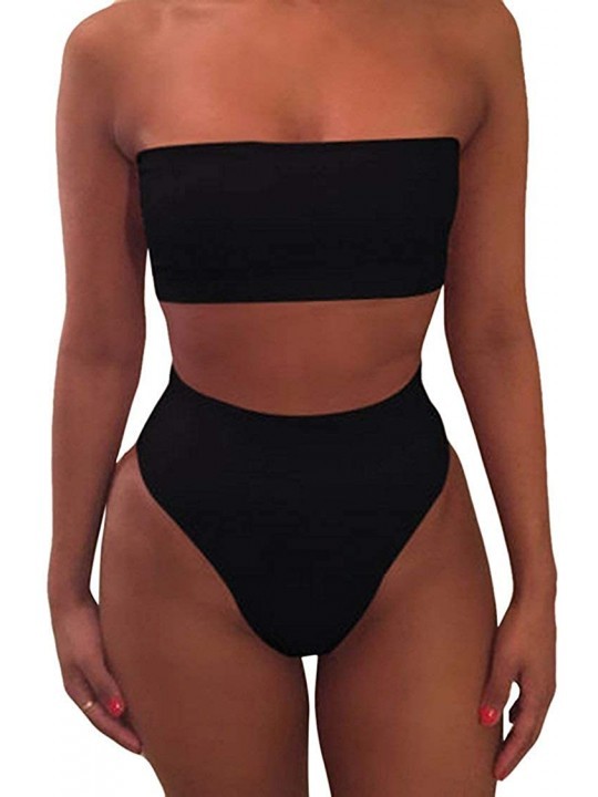 Sets Sexy Bandeau High Waist Bikini Set 2 Piece Strapless Swimsuit Cheeky Bottom for Women - Black - C718R7IIGXM $17.52