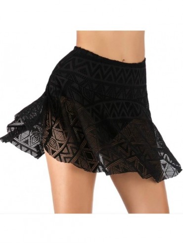 Bottoms Women's High Waisted Swim Skirt Swimwear Bikini Bottom Ruffle Lace Crochet Short Skort Swimdress - Black Lace - CO190...
