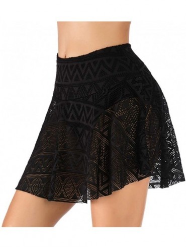 Bottoms Women's High Waisted Swim Skirt Swimwear Bikini Bottom Ruffle Lace Crochet Short Skort Swimdress - Black Lace - CO190...