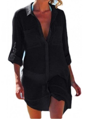 Cover-Ups Women Roll Up Sleeve Button Up Solid Color Loose Beach Cover Up Blouse Cardigan - Black - CH19C65L2C2 $45.55