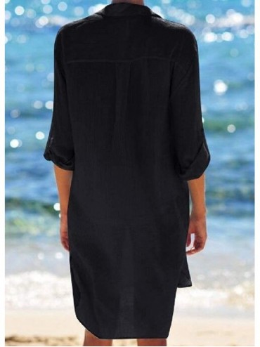 Cover-Ups Women Roll Up Sleeve Button Up Solid Color Loose Beach Cover Up Blouse Cardigan - Black - CH19C65L2C2 $28.98