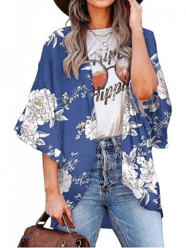 Cover-Ups Women's Floral Print Kimono Cardigan Sheer Chiffon Beach Cover Up Casual Loose Blouse Top - A F2 - CU192DECZA0 $31.37