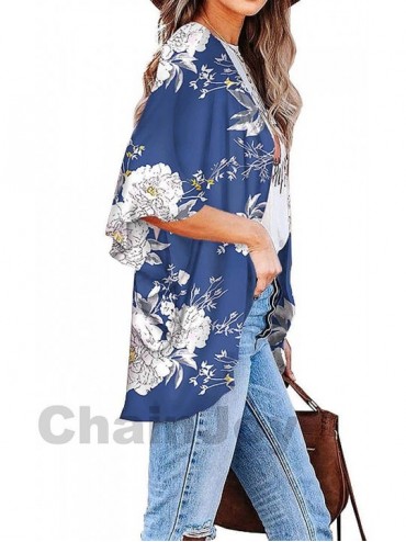 Cover-Ups Women's Floral Print Kimono Cardigan Sheer Chiffon Beach Cover Up Casual Loose Blouse Top - A F2 - CU192DECZA0 $16.92