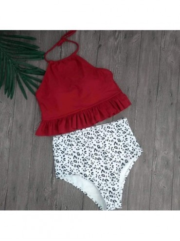 Sets Women Bikini Set Halter Neck Swimsuits Lace Up Two Piece Beach Swimwear Tankini Bathing Suits - Red - CU197HGYG0M $16.87