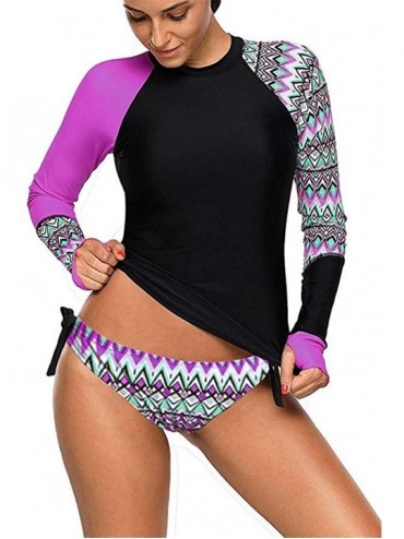 Tankinis Womens Long Sleeve Vibrant Print Rashguard Shirt Side Ties Color Block Tankini Swimsuit - Purple485 - C518EO86T8L $2...