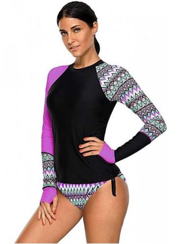 Tankinis Womens Long Sleeve Vibrant Print Rashguard Shirt Side Ties Color Block Tankini Swimsuit - Purple485 - C518EO86T8L $2...